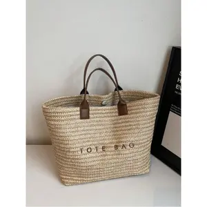 New Fashion Large Capacity Letter Decor Woven Straw Tote Bag, Multi-Functional Commuter Casual Vacation Woven Straw Handbag, Suitable For Commuting, Shopping, Beach Vacation And Beach. , Office, Holiday