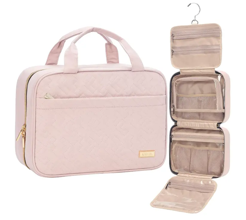 Travel Toiletry Bag for women, Portable Hanging Organizer for Travel-Sized Shampoo, Conditioner, Brushes Set, makeup Accessories, Medium Size, Pink