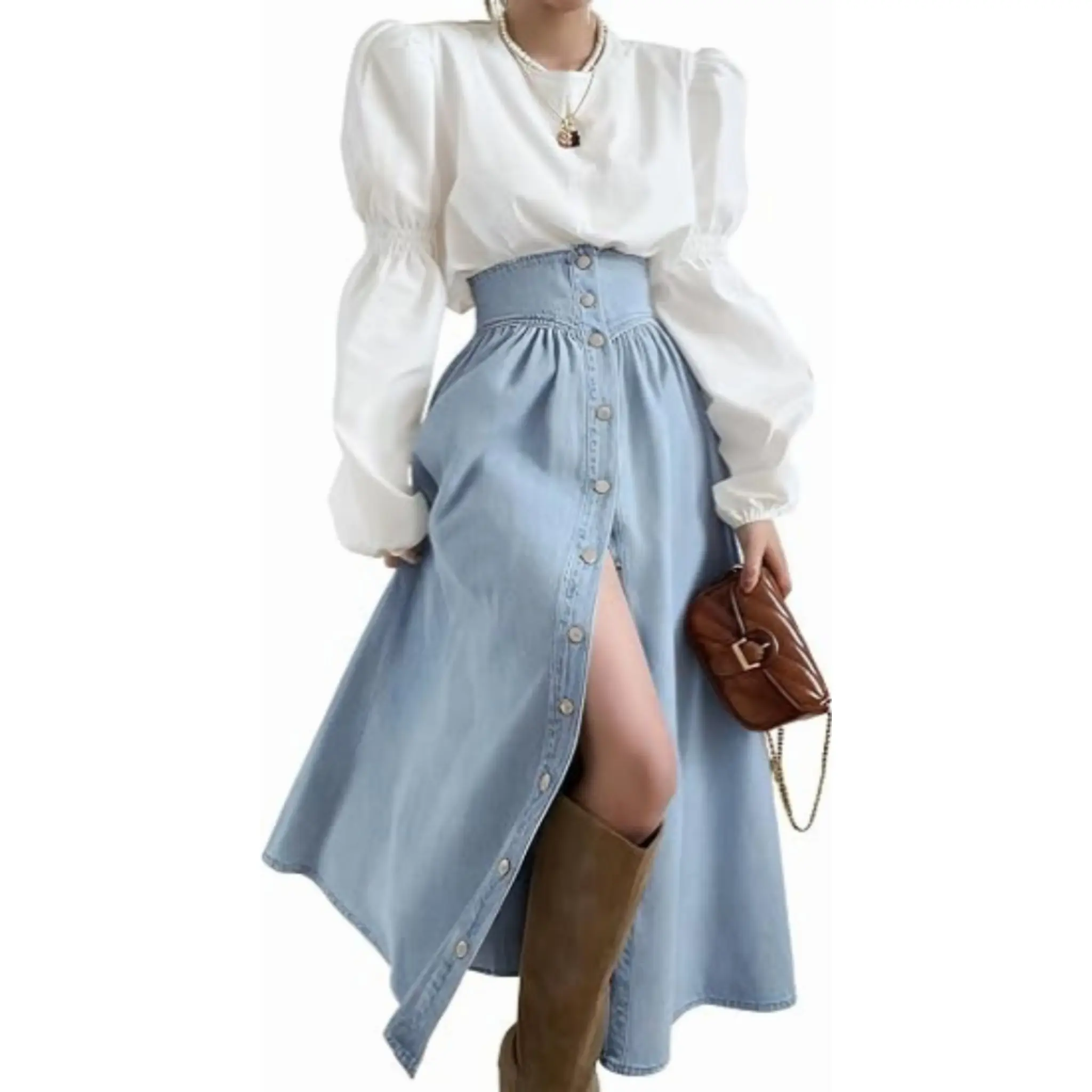 utcoco Women's Casual Chic Elegant High-Waist Long Denim A-Line Swing Skirt - Button-Down, Pockets, Women's Bottoms Garment
