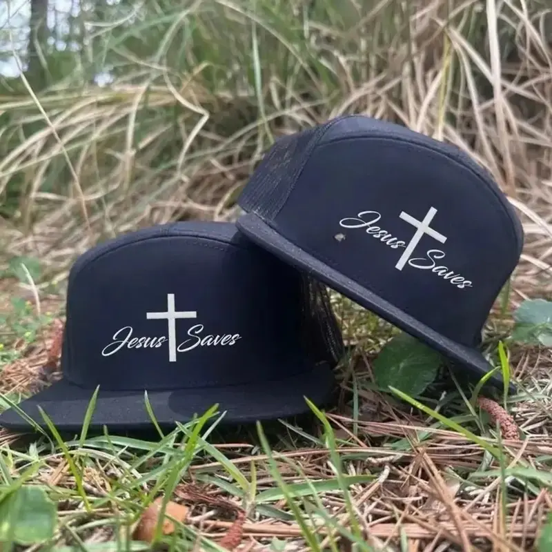 Jesus Saves Embroidered Trucker Hat, Christian 7 Panel Mesh Snapback Cap, Flat Bill Faith Hat, Gift for Men