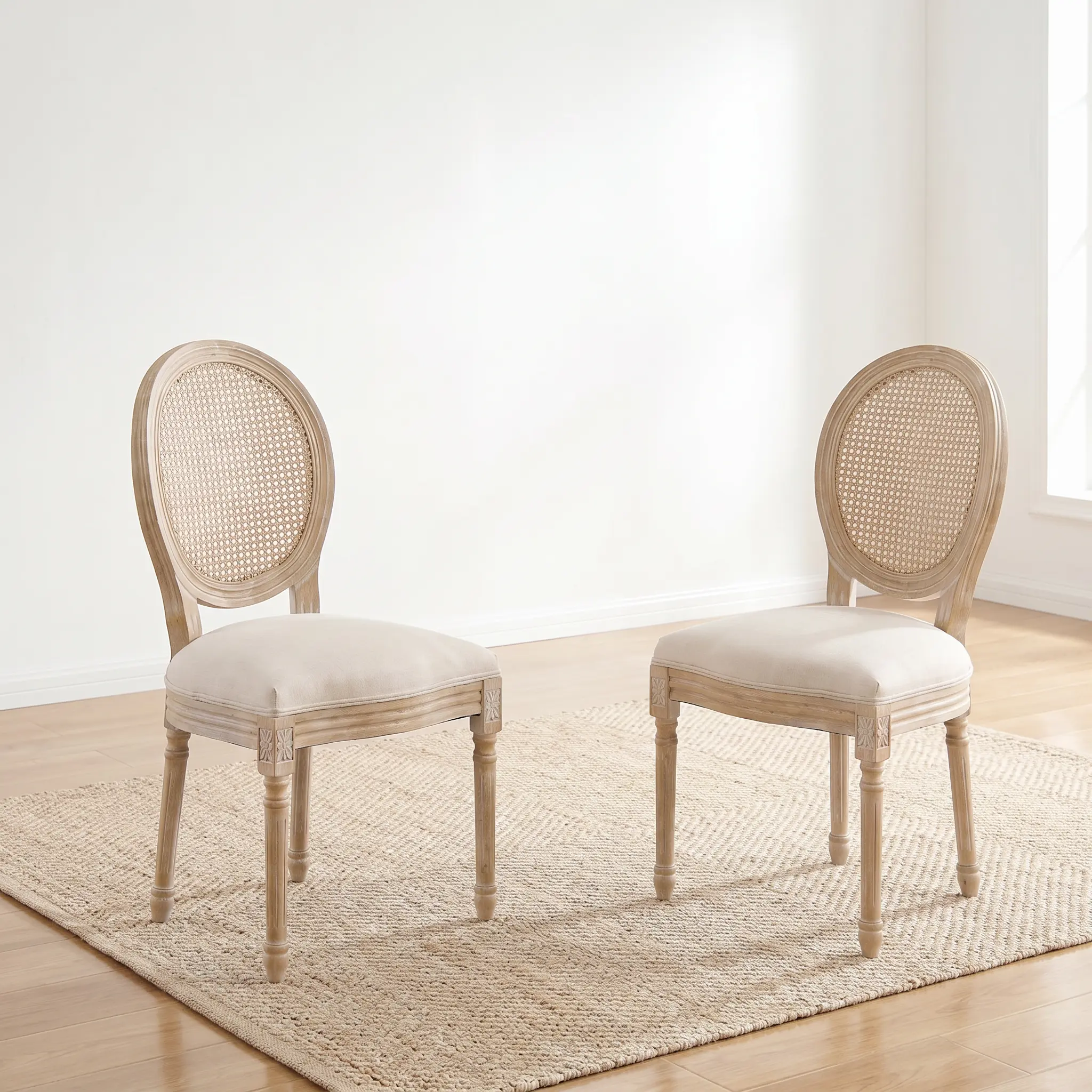 2-Piece French Country Dining Chairs, Rattan Frame Round Back Upholstered Chairs with Carved Details, Detachable Design for Dining Room & Indoor Use