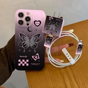 Vibrant iPhone Case 5 Piece Set with Butterfly Design, Includes Charger Head Cover, Cable Protector, Storage Strap, Compatible with iPhone 15/14/13/12/11 Series, Casing