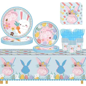 Easter Plates and Napkins Disposable Set – Easter Paper Plates and Napkins Sets with Cups, Forks & Tablecloth, Happy Easter Bunny Party Supplies, Easter Dinnerware Tableware, Serves 24 Guests