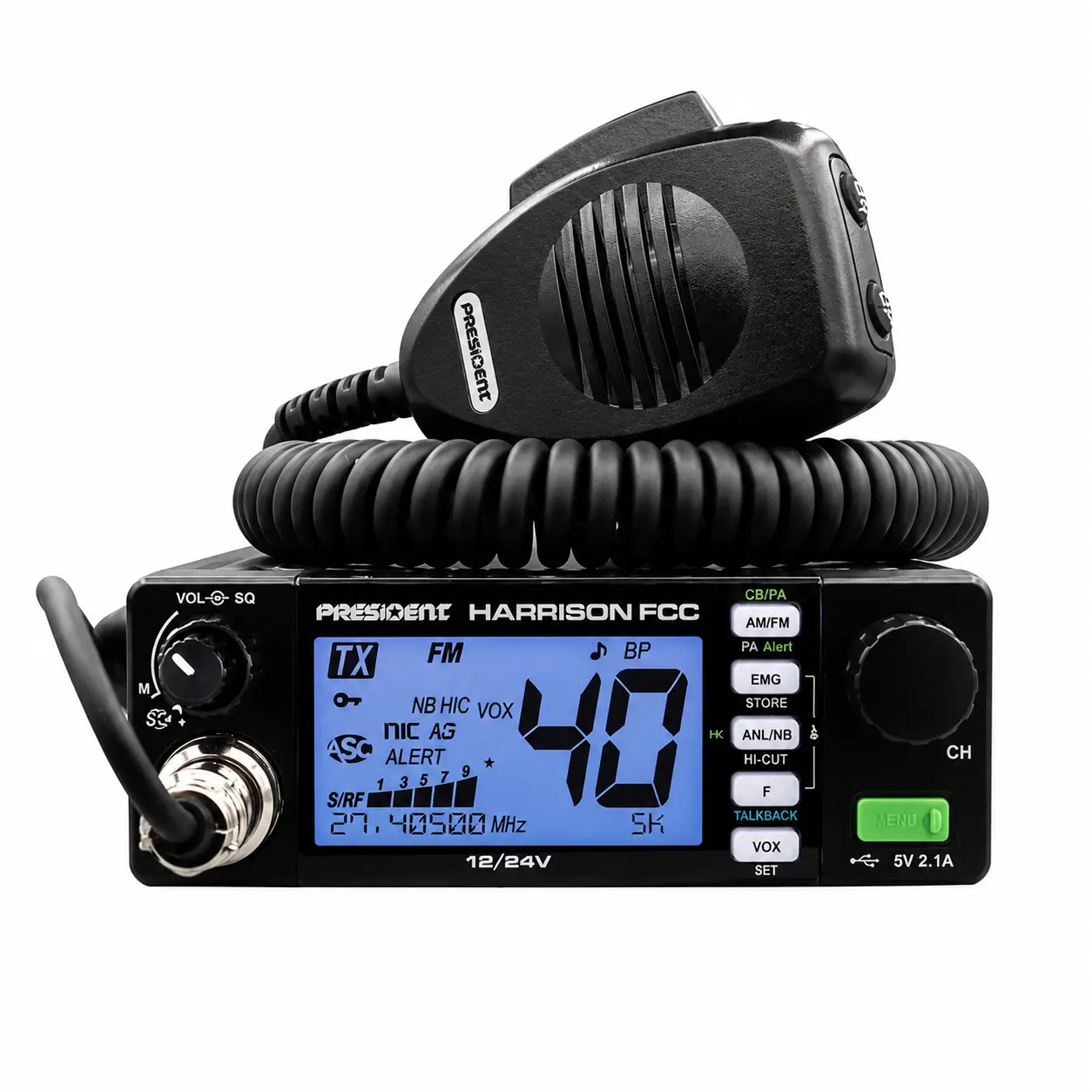 Harrison FCC AM/FM CB Radio with NOAA Weather Alerts, 40 Channels, USB Charging, 12V/24V – President