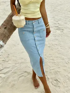 Women's Mid-Rise Stretchy Denim Pencil Skirt, Light Blue Wash Midi Jean Skirt with Front Button Placket & Side Slit, Elegant Bodycon Fit Casual Summer Skirt, Chic Trendy Daily & Vacation Wear Bottoms, Beach Holiday Skirt