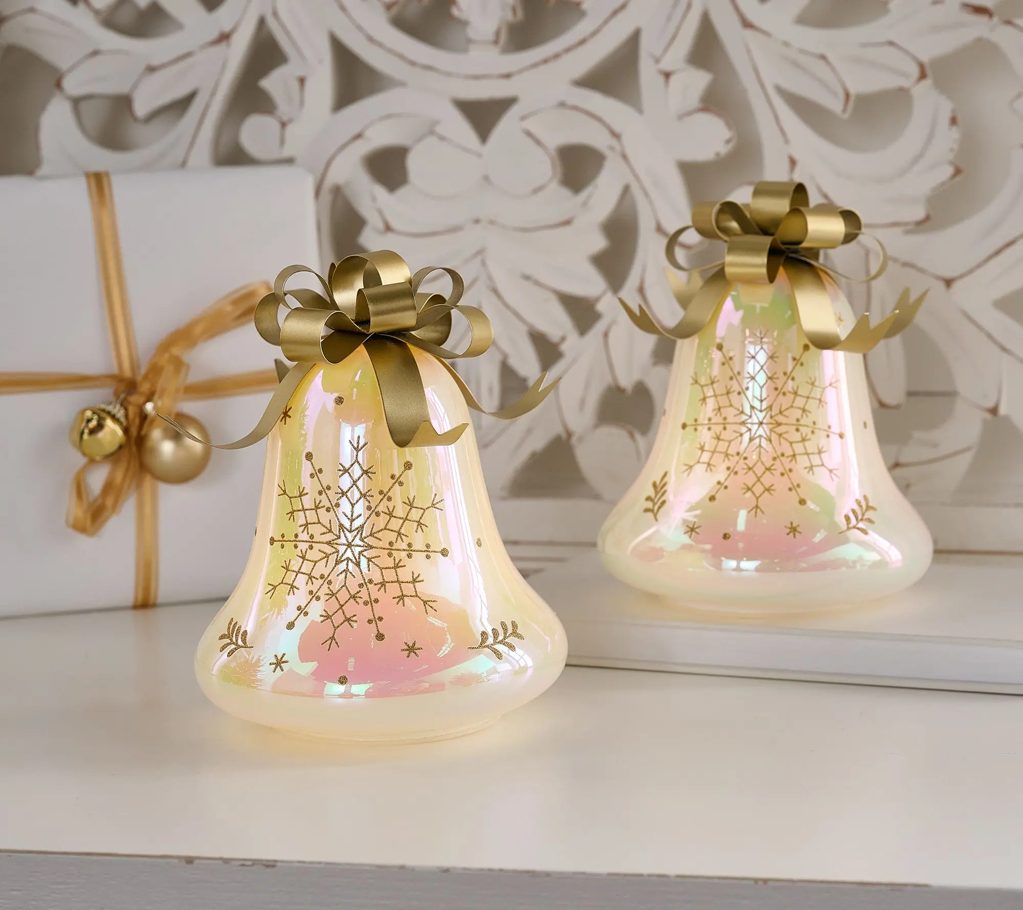 SHWK 7/28 Set of (2) 6.5" Iridescent Glass Bells w/ Bow by Valerie