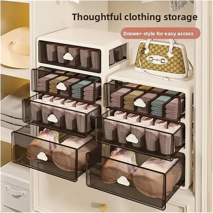 NOREMOCO Multi-layer multifunctional storage box with drawers, compartmentalized organizer for socks and underwear. Plastic closet storage container, desktop cosmetic holder, ideal for sorting bras, panties, hosiery, makeup, belts and ties.