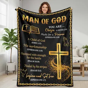 Man of God Flannel Blanket Christian Bible Verse Cross Design Inspirational Faith Theme Soft Lightweight Cozy Warm Machine Washable Blanket for Bedroom Living Room Church Prayer Gift