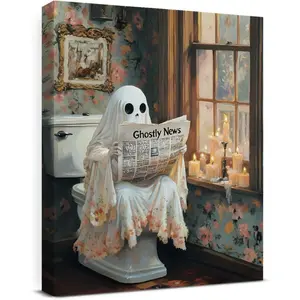 Funny ghost Halloween bathroom wall art decor, gothic style canvas print poster, featured ghost toilet paper bathroom decor, home decor