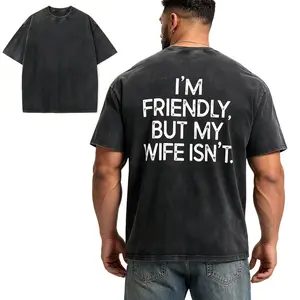 I'm Friendly But My Wife Isn't Funny Acid Wash Oversized Shirt, 100% Cotton Mineral Wash Retro 90s Grunge Graphic Tee, Casual Crew Neck Short Sleeve Humorous T-shirt for Men & Women clothes Streetwear Crewneck Tshirt good graphic tees