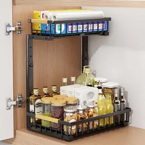 Under Sink Organizer  2 Tier Pull Out Cabinet Organizers Slide Out Cabinet Organizer Shelf with Adjustable Height for Kitchen Bathroom Pantry Cabinet Closet Organization Rack-Black