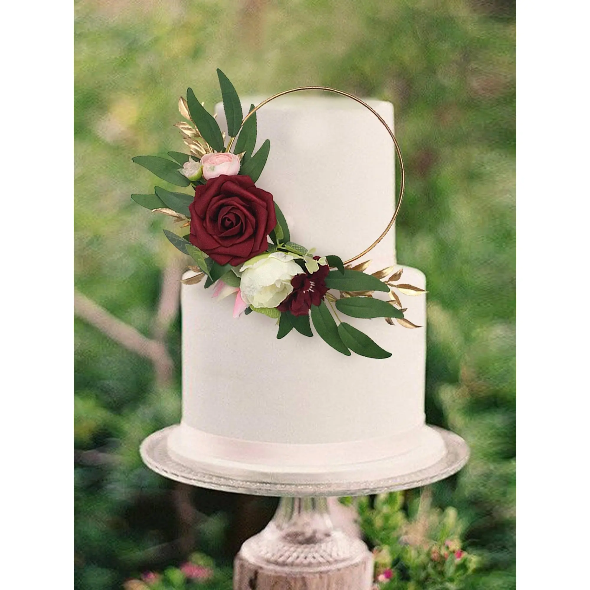 Rinlong Burgundy Floral Wreath Cake Topper