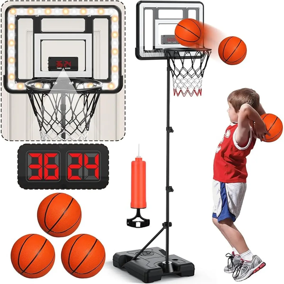 Parent-child Interactive mini Basketball Hoop Set for Kids 3-8 Years Adjustable Height 2.9ft-5.9ft LED Scoreboard Goal Toy with Voice System & Wireless Remote Control Black Portable Safe Play