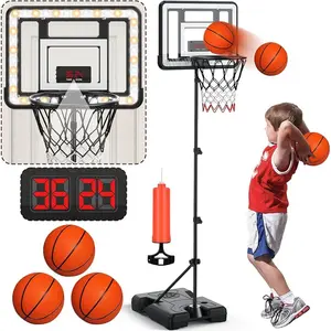 Parent-child Interactive mini Basketball Hoop Set for Kids 3-8 Years Adjustable Height 2.9ft-5.9ft LED Scoreboard Goal Toy with Voice System & Wireless Remote Control Black Portable Safe Play