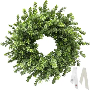 26 Inch Large Boxwood Wreaths for Front Door, Spring & Summer Artificial Wreath with Patriotic & Burlap Sash, Faux Greenery Year-Round Farmhouse Wedding Porch Window, Indoor Outdoor Decor