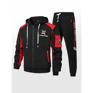 Men's color blocked hooded jacket and pants set, sportswear sportswear, sportswear set, autumn and winter long sleeves, men's casual sportswear, comfortable daily wear