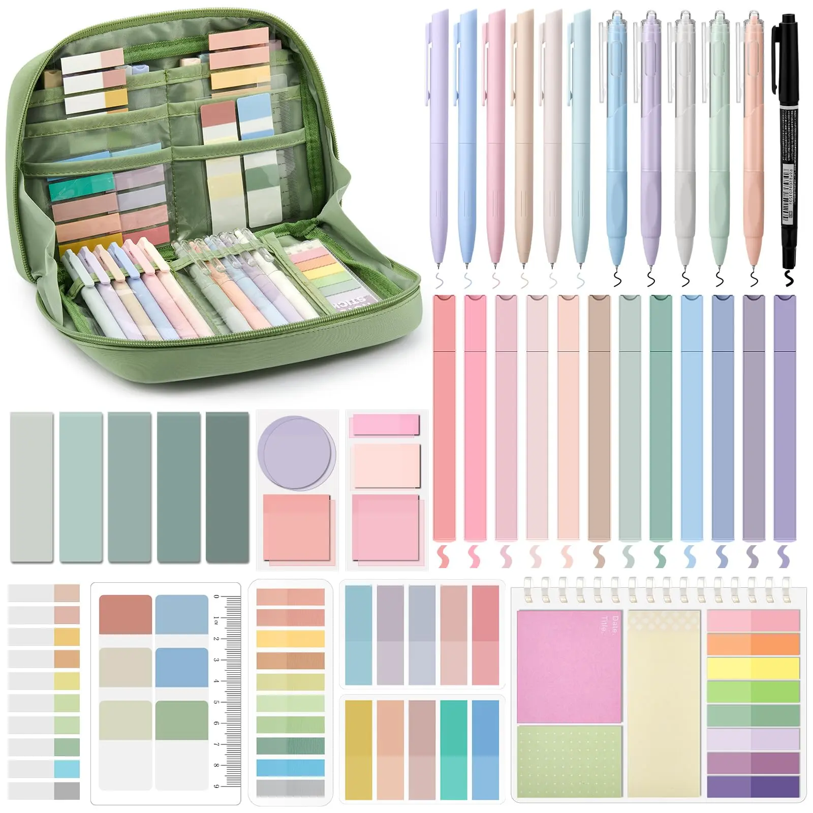 41 Pcs Aesthetic Book Annotation Kit with Pencil Bag Bible Journaling Kit Notebook Sticky Note Tabs Highlighters Black Ink Pens Page Markers Back to School Aesthetic School Office