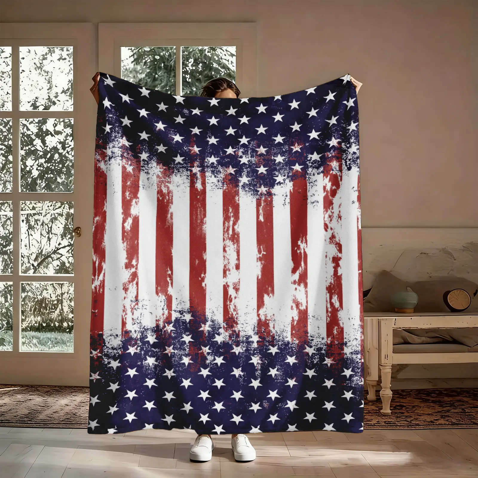 Distressed American Flag Flannel Throw Blanket - Vintage Stars Stripes Patriotic, Cloud-Soft Fleece, All-Season Use, Soft Warm Cozy for Couch Bed, 4th Of July Gift for Veterans, Birthday Holiday Present