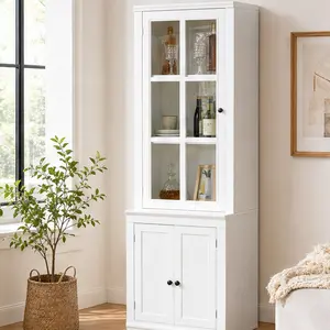 75.25'' Tall Freestanding Pantry Cabinet with Glass Door & Lattice Window, Farmhouse Display Cabinet with Storage, Hutch with Double-Action LH/RH Door, for Hallway Living Room Kitchen Office, White MDF, White Color Options, MDF Material