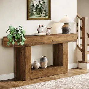 Tribesigns 63" Farmhouse Console Table 2-Tier Entryway Table Narrow Long Wood Sofa Table for Living Room Hallway Foyer French Country Style Vintage Brown Gray Finish