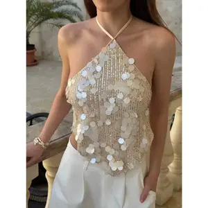 Women’s fashionable and sexy backless camisole slim-fit top with sequins, ideal for beach vacations and parties, summer fashion