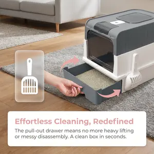 Effortless Cleaning Redefined Cat Litter Box with Pull-out Drawer, No More Heavy Lifting or Messy Disassembly, Jumbo Space for 15lb Large Cats, 2-in-1 Privacy and Airy Modes for Every Modern American Home Decor Style