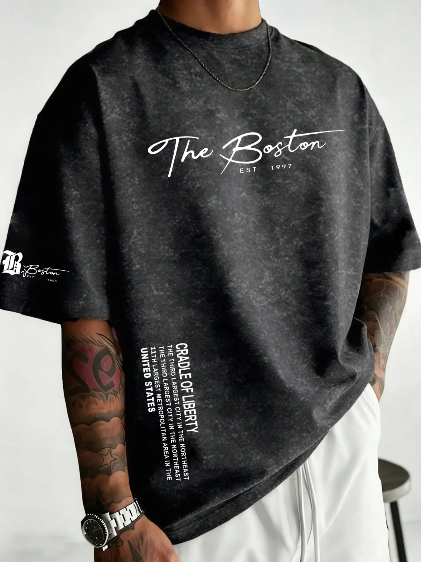 Men's "The Boston" Bootleg Graphic Text Print Washed Oversized Long T-Shirt, Menswear Casual Streetwear Loose Fit Tee, Breathable Summer Top #BostonPrintTee #WashedOversizedTShirt #VintageStreetwear #LooseFitCasualTops #TikTokMadeMeBuyIt