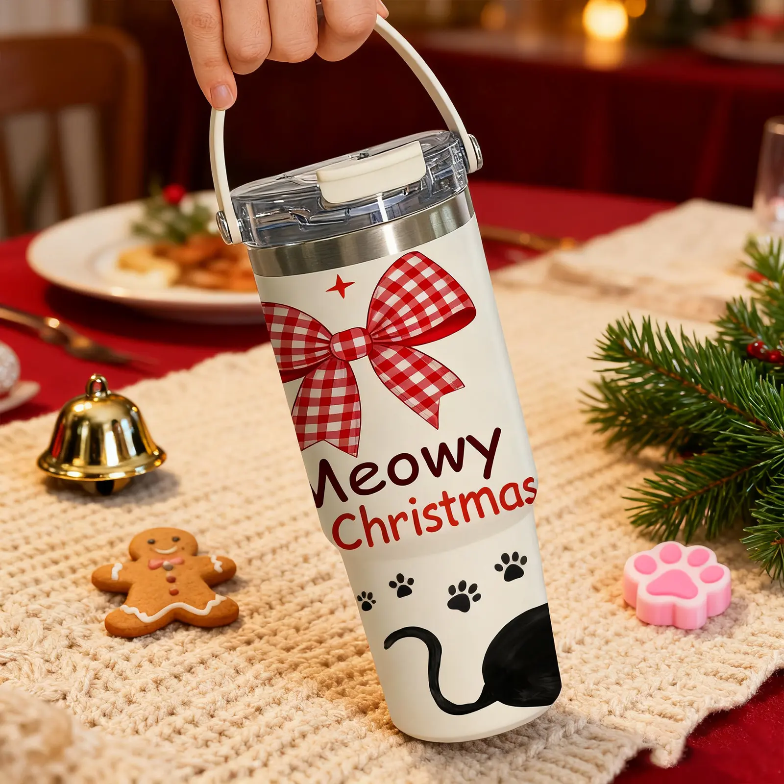Auracup 30oz Christmas Cat Tumbler with Handle and Straw, Bow Pattern Stainless Steel Travel Mug, Thermos Cup, Double Wall Vacuum Insulated Coffee Cup, Keeps Cold 12H & Hot 6H, Holiday Gift for Women, Men, Cat Lovers