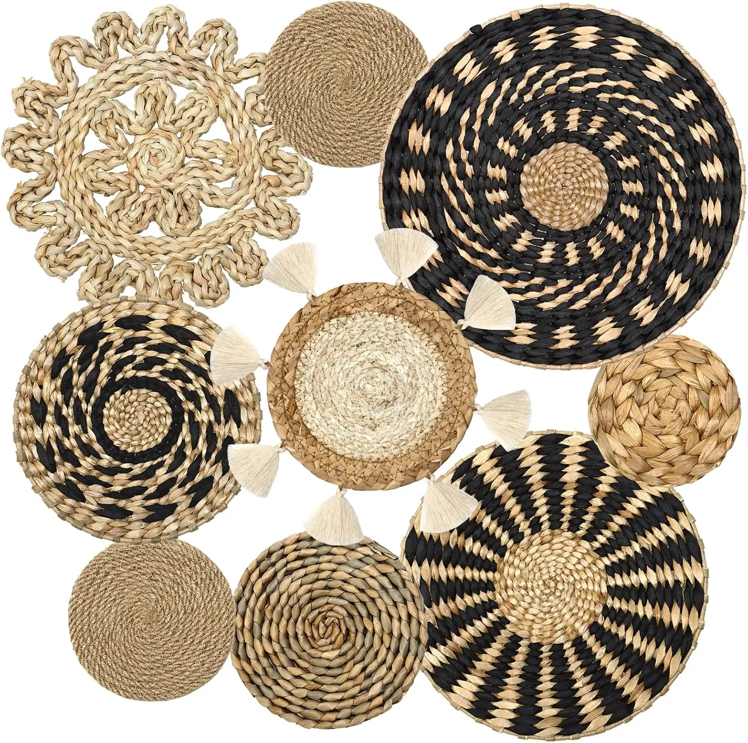 Set of 9 Boho Wall Basket Decor Wicker Woven Wall Basket Decorations Bohemian Handcrafted Round Basket Hanging decor Bulrush Wall Art Decors for Living Room Rustic