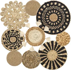 Set of 9 Boho Wall Basket Decor Wicker Woven Wall Basket Decorations Bohemian Handcrafted Round Basket Hanging decor Bulrush Wall Art Decors for Living Room Rustic