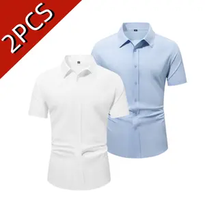 Men’s summer minimalist solid-color short-sleeve shirt set, breathable and comfortable, easy to care for—business casual for commuting and office wear, suitable for formal occasions and everyday outings; two-piece set