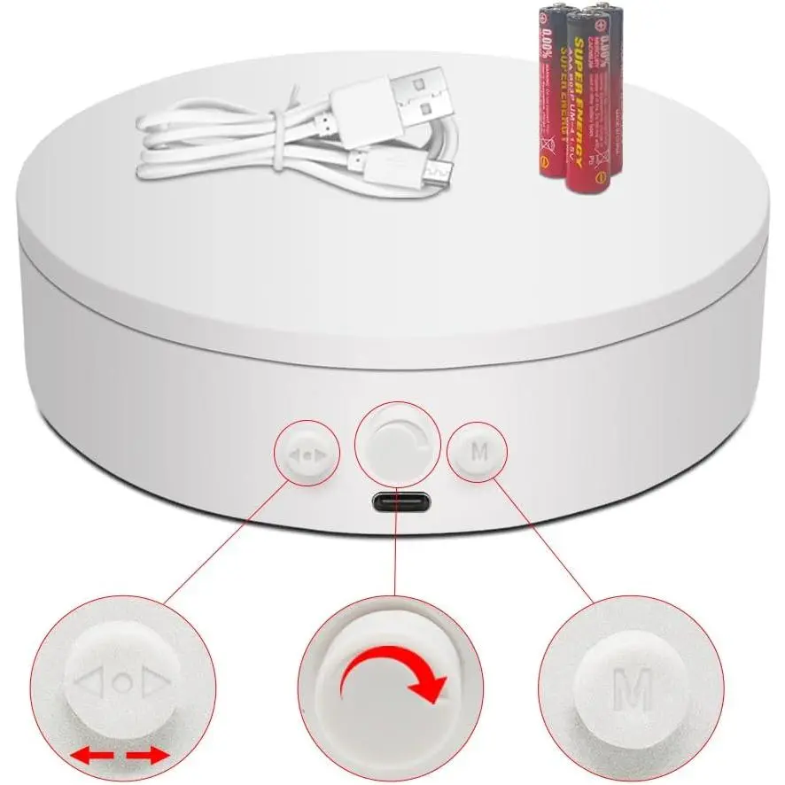 Rotating Display Stand with Type-C, 360 Motorized Spinning Display Turntable Adjustable Speed and Direction, Cup Turner for Tumblers, Photography Lazy Susan for Jewerly Display (white, 4.53'')