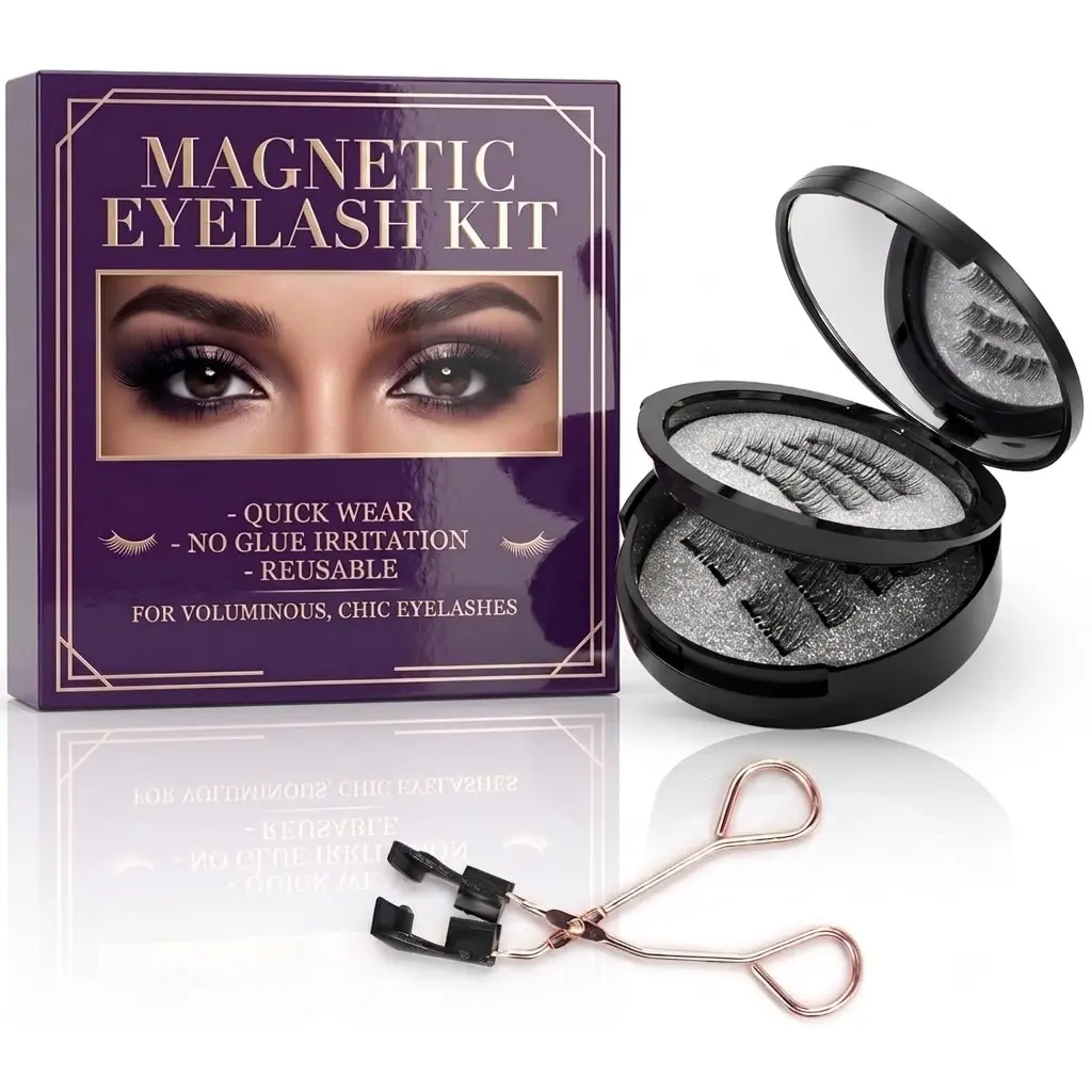 Magnetic Eyelash Kit – No Glue, Reusable, Quick Wear – Voluminous, Chic Lashes – 3 Pairs with Compact & Applicator – Gentle, Easy Application – For All Ages