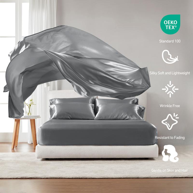 6 Piece Solid Color Satin Sheets Set (1*Flat Sheet + 1* Fitted Sheet + 4*Pillowcases), Luxurious And Silky With Natural Sheen