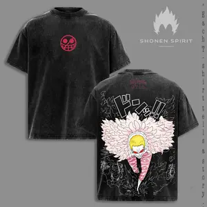 Doflamingo – One Piece Vintage Washed T-Shirt, Donquixote Joker Anime Graphic Tee, Heavenly Demon Pink Feather Coat Oversized Heavyweight Cotton Streetwear