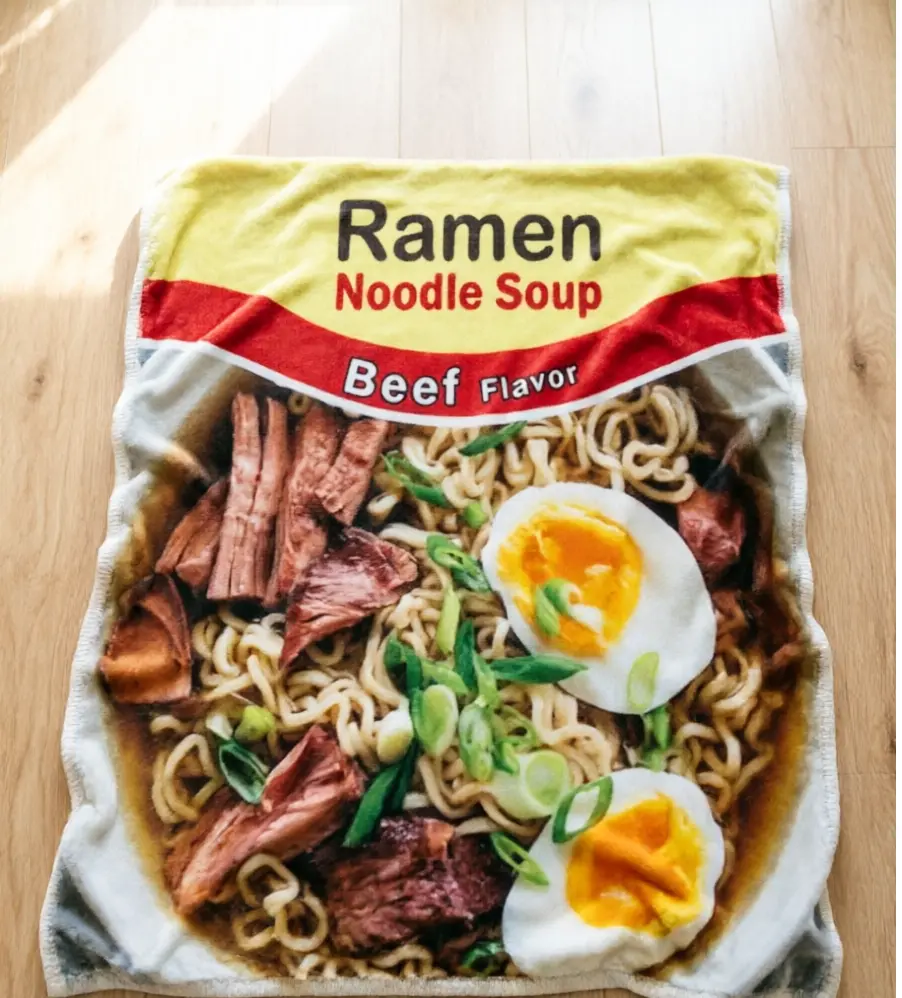 Instant Ramen Noodle Soup Beef Flavor Throw Blanket Fuzzy Plush Fleece Funny Food Blankets Soft Cozy Microfiber Flannel Travel Blanket for Couch Bed All Season Home Decor