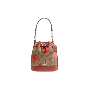 COACH Dempsey 14 Strawberry Print Drawstring Leather Bucket Handbag for Women in Red and Brown Monogram