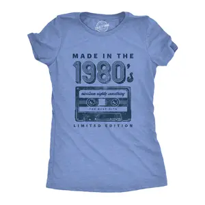 Womens Made In The 1980s T Shirt Funny Retro Cassette Tape Music Graphic Tee Funny Womens T Shirts Cute Vintage Fashion Casual Ladies T-Shirt Gift Music Tops for Women Funny Vintage Top Women's Novelty Tees Light Blue