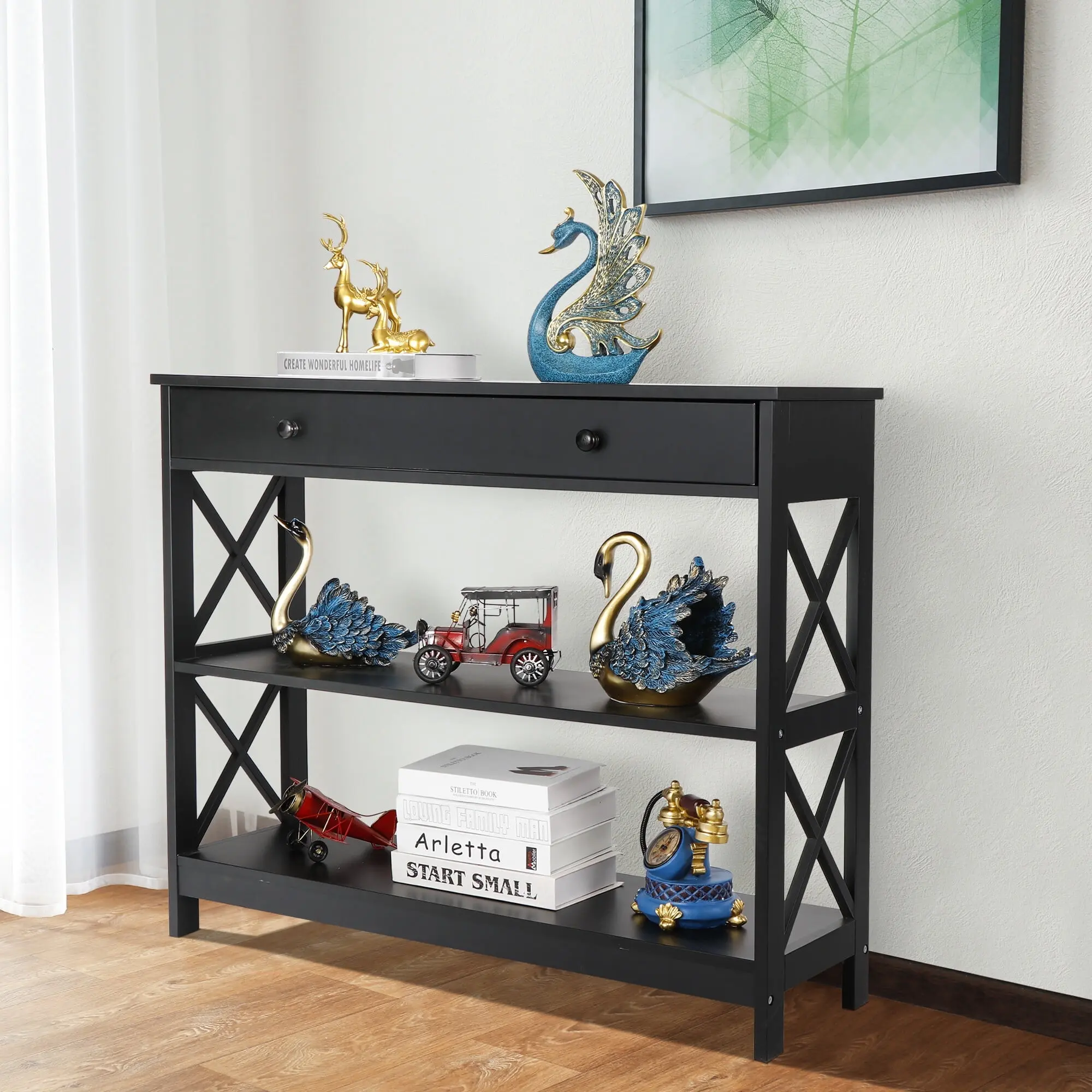 ZENY 3-Tier Narrow Rectangle MDF Console Table - Modern Indoor Storage Organizer with Drawer, X-Pattern Storage Shelves, Double Frame, 22 lbs per Drawer, 55 lbs per Shelf, Easy Setup for Living Room, Entryway (Black)