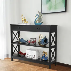 ZENY 3-Tier Narrow MDF Console Table - Modern Indoor Furniture with Drawer, Storage Shelves, Double Frame, Easy Setup for Living Room, Entryway, Black