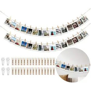 Hanging Photo Display Wall Decor with 30  Clips, 67 Inches Boho Wooden Bead Garland Collage Picture Frame Photos String DIY, Photo Hanger for Bedroom Office Dorm Room Decor Gifts(2PCS)