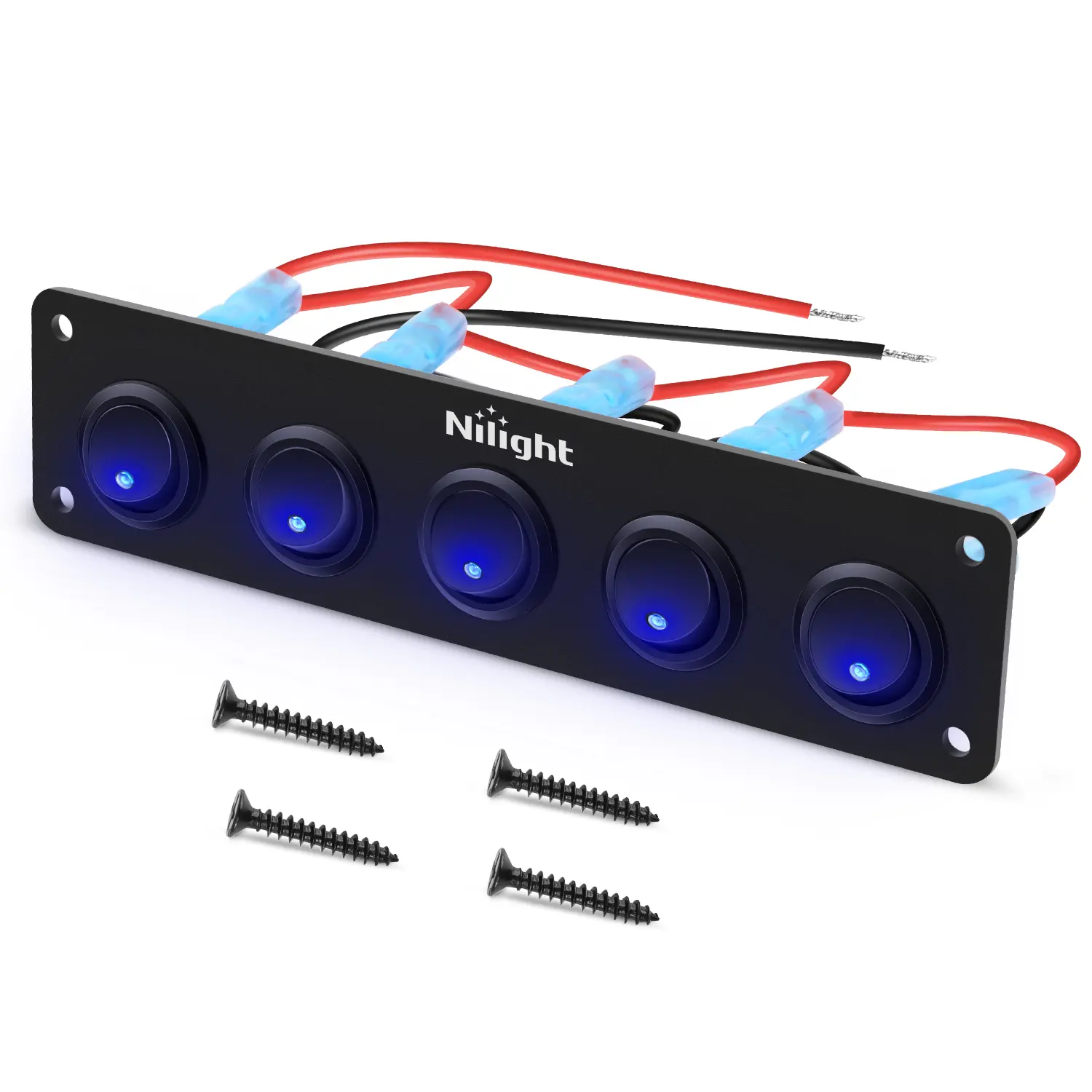 Nilight 5-Gang 3-Pin Waterproof LED Rocker Switch Panel Kit - Pre-wired Install, 12V/24V 20A On-Off Control, Horizontal/Vertical Mount, Aluminum+ABS Vehicle Accessory for Marine & Car Use, Motorcycles, LED Light Bar