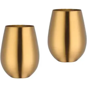17 oz Stainless Steel Stemless Wine Glass, Outdoor Portable Wine Tumbler for the Pool, Camping, Cookouts, Travel - Set of 2 Metal Drinking Cups,Father's Day Gift (Gold)