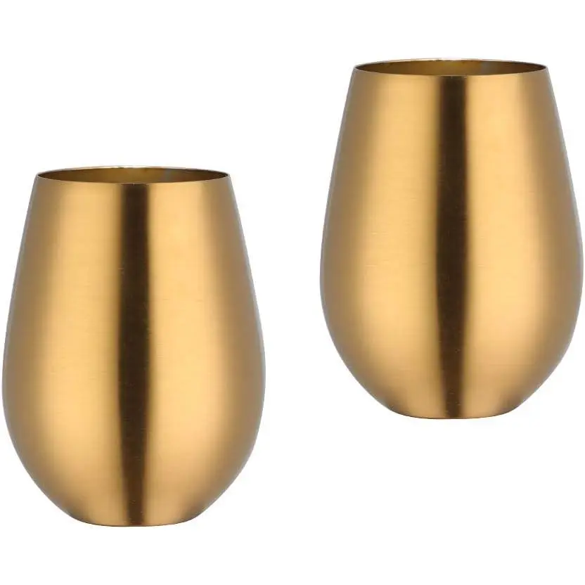 17 oz Stainless Steel Stemless Wine Glass, Outdoor Portable Wine Tumbler for the Pool, Camping, Cookouts, Travel - Set of 2 Metal Drinking Cups,Father's Day Gift (Gold)