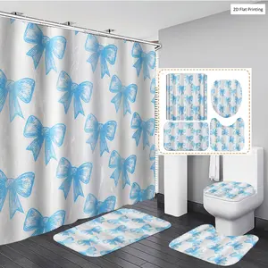 1/3/4PCS Cute Blue Bows ed Fabric Shower Curtain Set with Rugs, Non Slip Bath Mat, U-Shape Carpet, Toilet Lid Cover, Polyester Fabric Bathtub Curtain Accessories, 12 Hooks, Bathroom Decoration Accessories, Home Bathroom Festival Decor