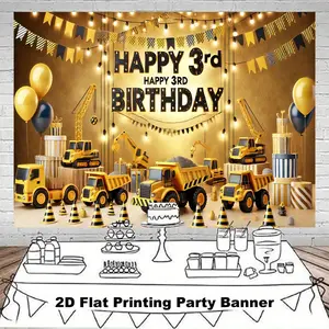 2D Flat, 1pc Truck 3rd Birthday Party Banner - 2D Polyester Backdrop with Construction Vehicles & Balloons, Golden & Blue Decor for Indoor/Outdoor Celebrations, Perfect Gift for Youngsters' 3rd Birthday Party Supplies, Birthday Party Decorations,