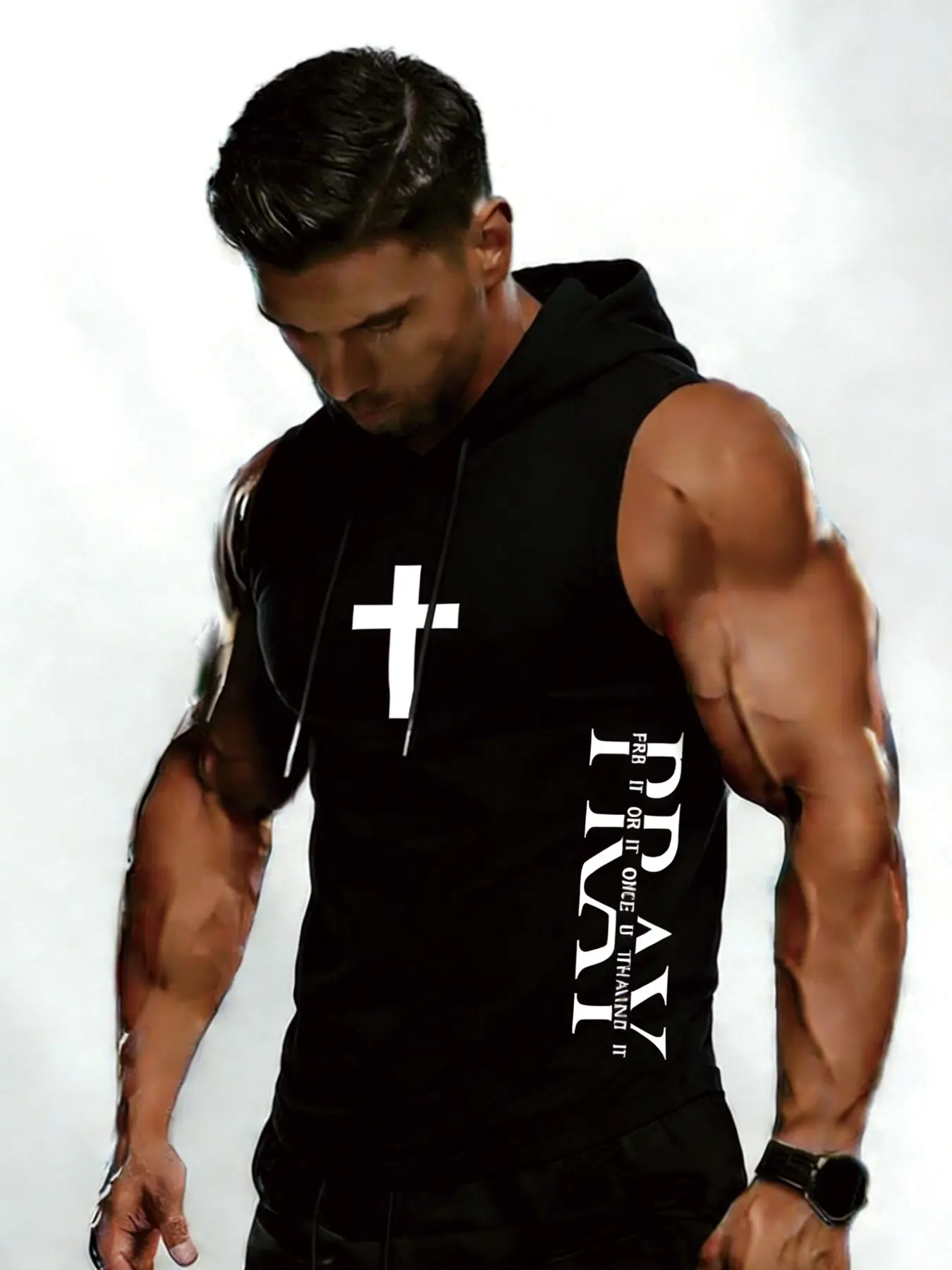 Men's Fitted Sleeveless Hoodie with Pray Graphic and Cross Print, Casual Sporty Look for Workout and Everyday Wear, Athletic Sports Clothing, Gym Athletic Clothes