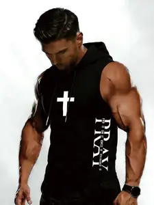 Men's Fitted Sleeveless Hoodie with Pray Graphic and Cross Print, Casual Sporty Look for Workout and Everyday Wear, Athletic Sports Clothing, Gym Athletic Clothes