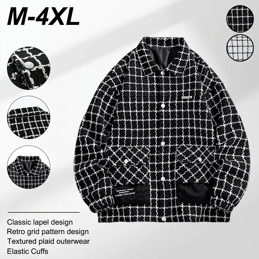 Men’s plus-size vintage black-and-white plaid corduroy jacket with a turn-down collar, loose-fit casual outerwear, fashionable relaxed silhouette with button closure for everyday wear, trendy plaid pattern lightweight shirt-style jacket suitable for daily