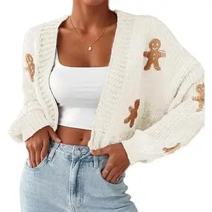 Women's Cartoon Print Drop Shoulder Cardigan, Gingerbread Sweater Women, Gingerbread Cardigan